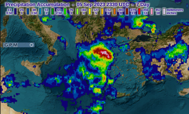 NASA's Global Precipitation Measurement product shows over 18 inches of rain in parts of Greece. (NASA)