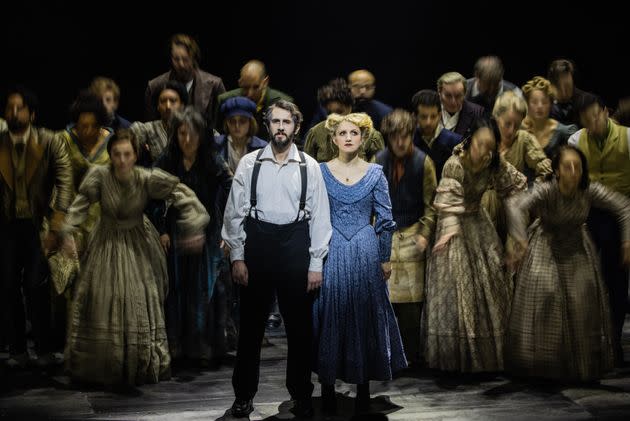 (Left to Right) Josh Groban and Annaleigh Ashford with the ensemble of 