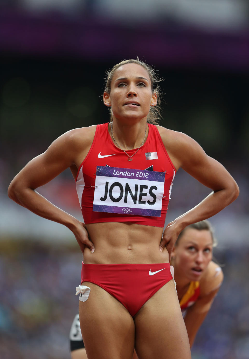 LONDON, ENGLAND - AUGUST 07: Lolo Jones of the United States looks on after competing in the Women's 100m Hurdles Semifinals on Day 11 of the London 2012 Olympic Games at Olympic Stadium on August 7, 2012 in London, England. (Photo by Streeter Lecka/Getty Images)