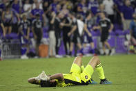 Atlanta United goalkeeper Alec Kann lies on the pitch after a loss to Orlando City in an MLS soccer match, Friday, July 30, 2021, in Orlando, Fla. (Phelan M. Ebenhack/Orlando Sentinel via AP)