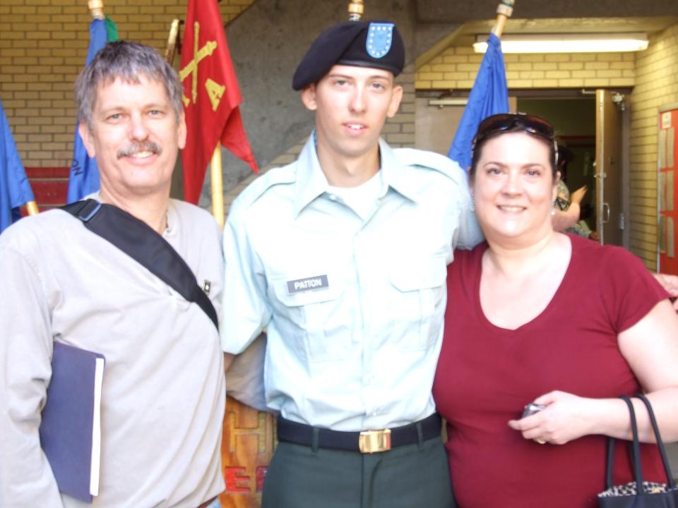 Proud parents John and Lynn Patton with son Matthew Patton on his graduation day from basic training at Fort Sill in 2008.