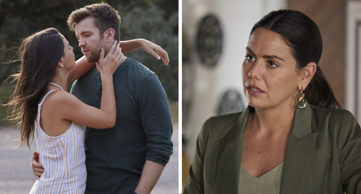 L: Tristan Gorey as Levi Fowler and Emily Weir as Mackenzie Booth on Home and Away. R: Emily Weir as Mackenzie Booth on Home and Away looking concerned.