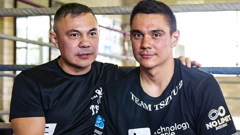Pictured here, Kostya and Tim Tszyu pose together in Sydney in 2019. 