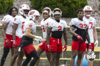 Wisconsin's defensive player participate on the first day of NCAA college football practice in Platteville, Wis., Wednesday, Aug. 2, 2023. (Samantha Madar/Wisconsin State Journal via AP)