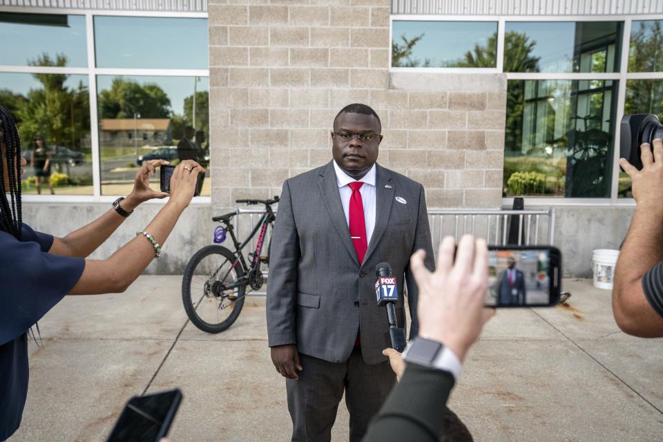 Republican congressional candidate John Gibbs speaks to reporters after voting in Byron Township, Michigan, on Tuesday, August 2, 2022. / Credit: Sarah Rice for The Washington Post via Getty Images