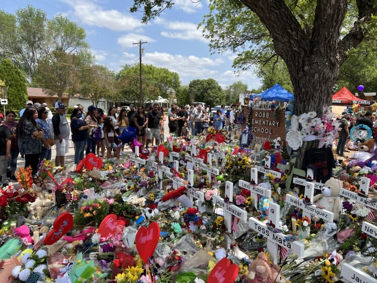 A memorial outside the Uvalde, Texas, elementary school where 19 children and two teachers were killed.