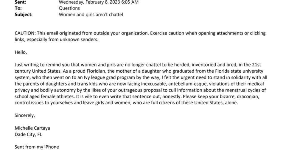 Michelle Cartaya tells the Florida High School Athletic Association that asking student athletes for their menstrual history is "antebellum-esque" and "outrageous." Cartaya was among 150 people who submitted comments to the board about the questions.