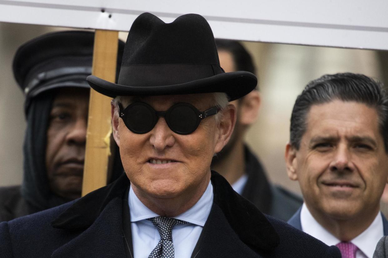 Roger Stone, a staunch ally of President Trump, arrives at federal court in Washington, DC, on Thursday for sentencing on his convictions for witness tampering and lying to Congress: (AP Photo/Manuel Balce Ceneta)