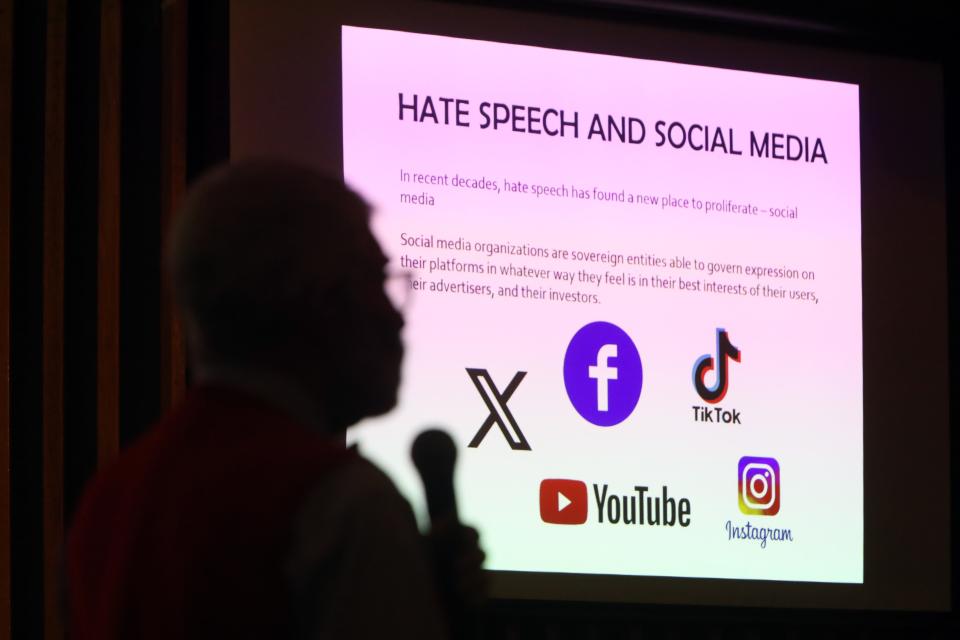 Steven Goldberg, Director of Education of the Holocaust & Human Rights Education Center in White Plains, gives a talk about the language and symbols of hate to district faculty members at Rye Neck High School Jan. 24, 2024 in Mamaroneck.