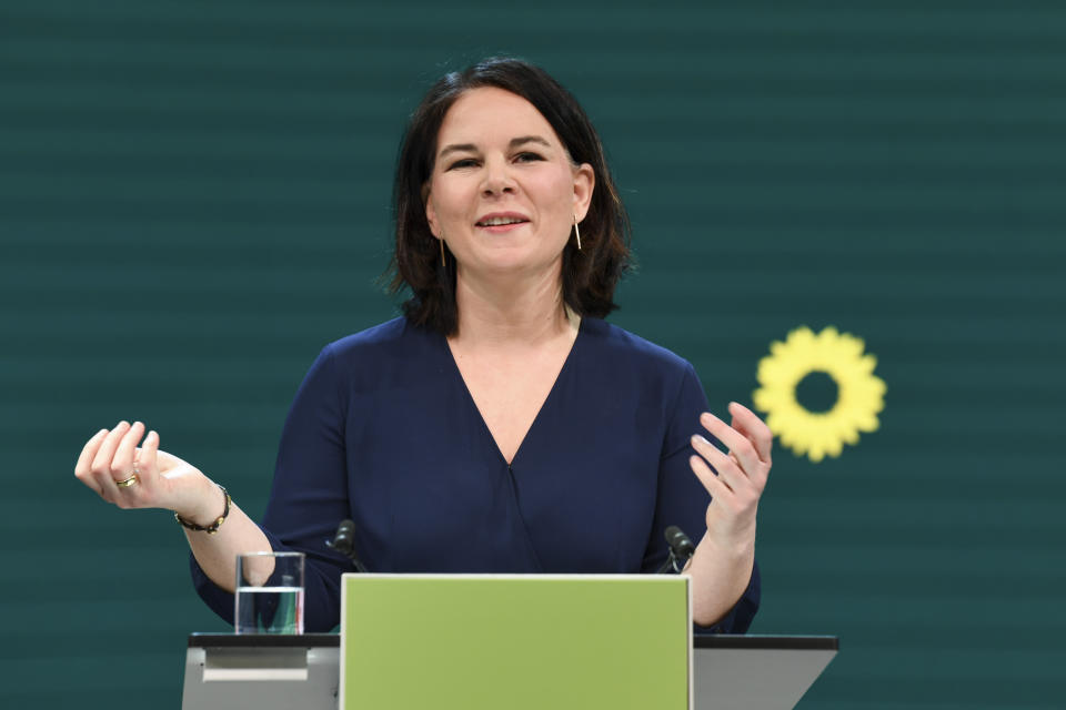 Germany's Green party co-leader Annalena Baerbock gives a speech during a digital announcement event in Berlin, Germany, where the party presented her as top candidate for chancellor for the upcoming federal election later this year, Monday, April 19, 2021. (Annegret Hilse/Pool via AP)