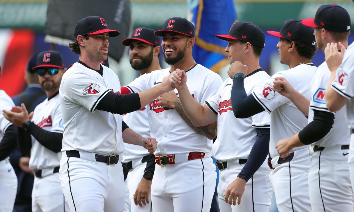 Guardians pitcher Shane Bieber (57) takes the field before the home opener against the Chicago White Sox, Monday, April 8, 2024.