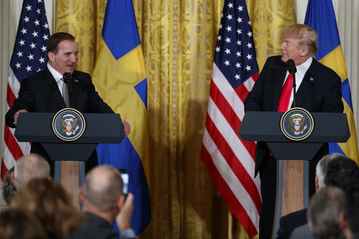 President Trump speaks during a news conference with Swedish Prime Minister Stefan Lofven in the East Room of the White House. (AP Photo/Evan Vucci)