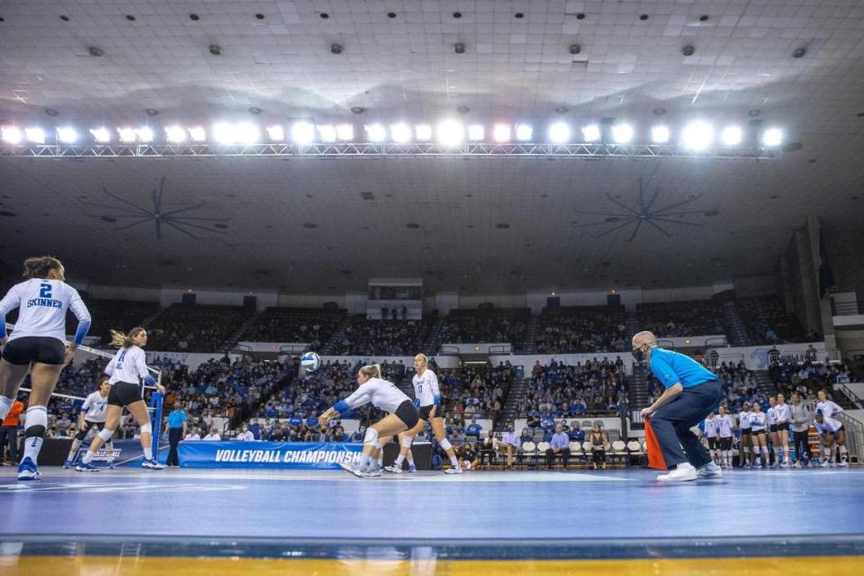 Kentucky’s Lauren Tharp (5) hits the ball during Saturday night’s match in Memorial Coliseum, which was played in front of 2,369 fans.