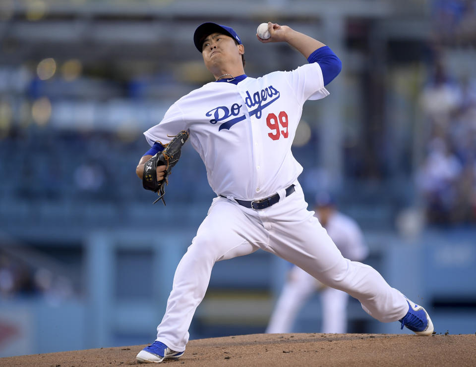 Los Angeles Dodgers starting pitcher Hyun-Jin Ryu throws to an Atlanta Braves batter during the first inning of Game 1 of a baseball National League Division Series, Thursday, Oct. 4, 2018, in Los Angeles. (AP Photo/Mark J. Terrill)