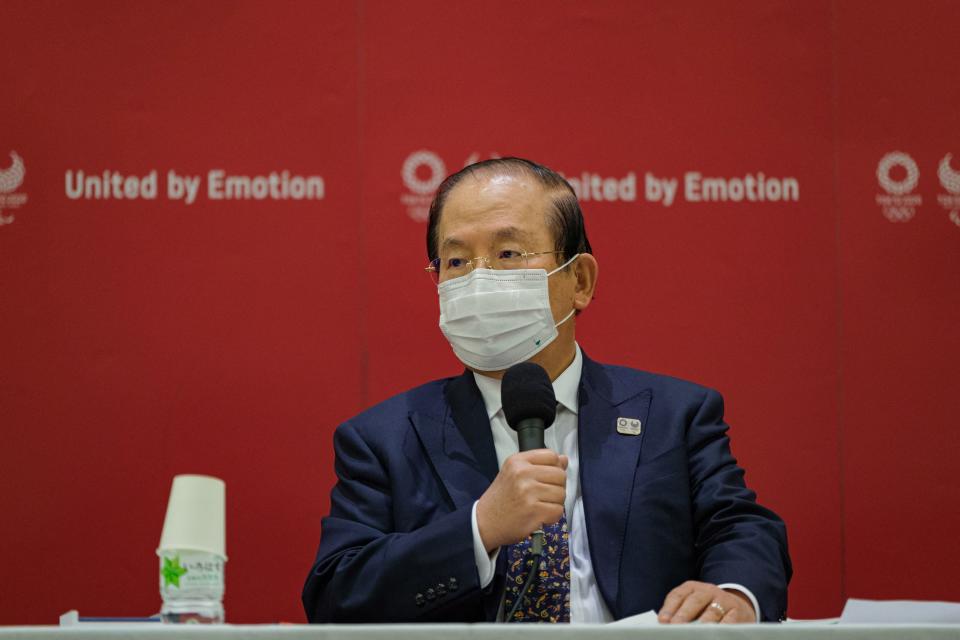 Muto Toshiro, CEO of Tokyo 2020, attends a press conference after a Tokyo 2020 executive board meeting in Tokyo on April 26, 2021.