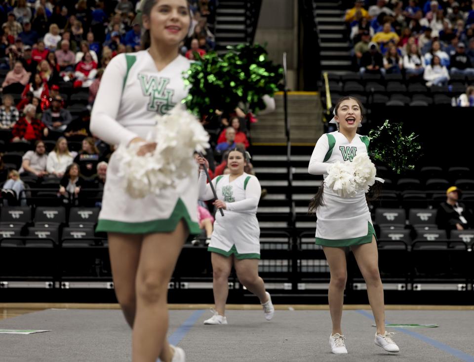 Wendover High School competes at the Competitive Cheer Tournament at the UCCU Center at Utah Valley University in Orem on Thursday, Jan. 25, 2023. | Laura Seitz, Deseret News