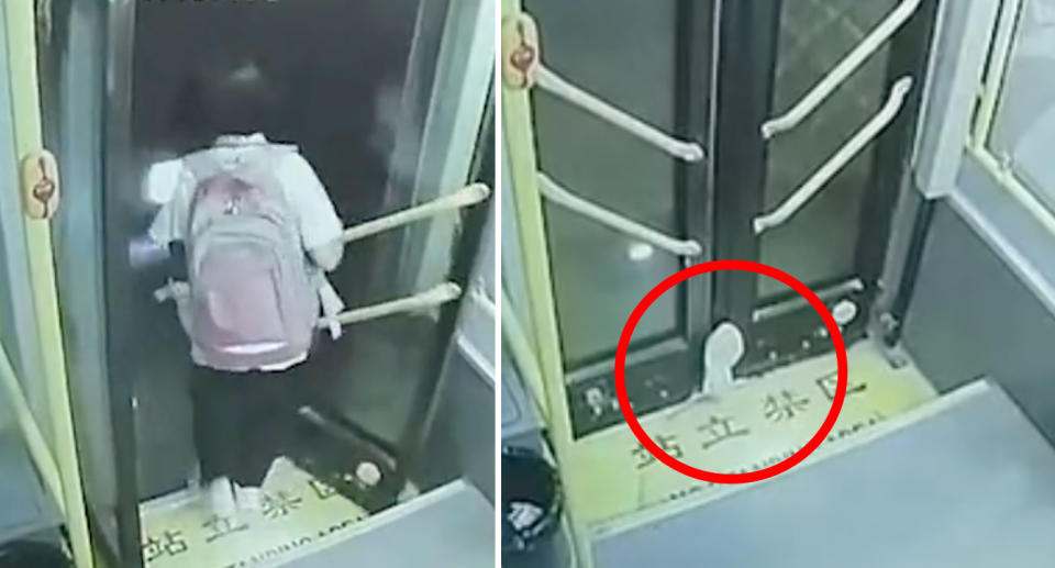 A schoolgirl in China walks off the bus (pictured left is her leaving the bus) before becoming trapped in its door and dragged down the street (right is her foot pictured wedged in the door).