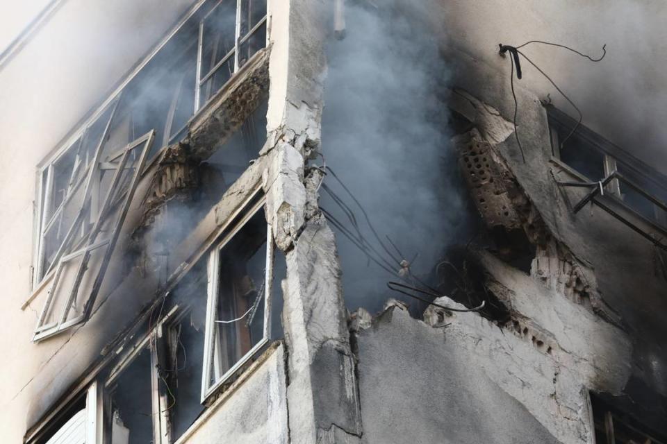 This photo taken on Oct. 7, 2023 shows a building hit by a rocket in Tel Aviv, Israel. Gideon Markowicz/JINI via Xinhua/Sipa USA