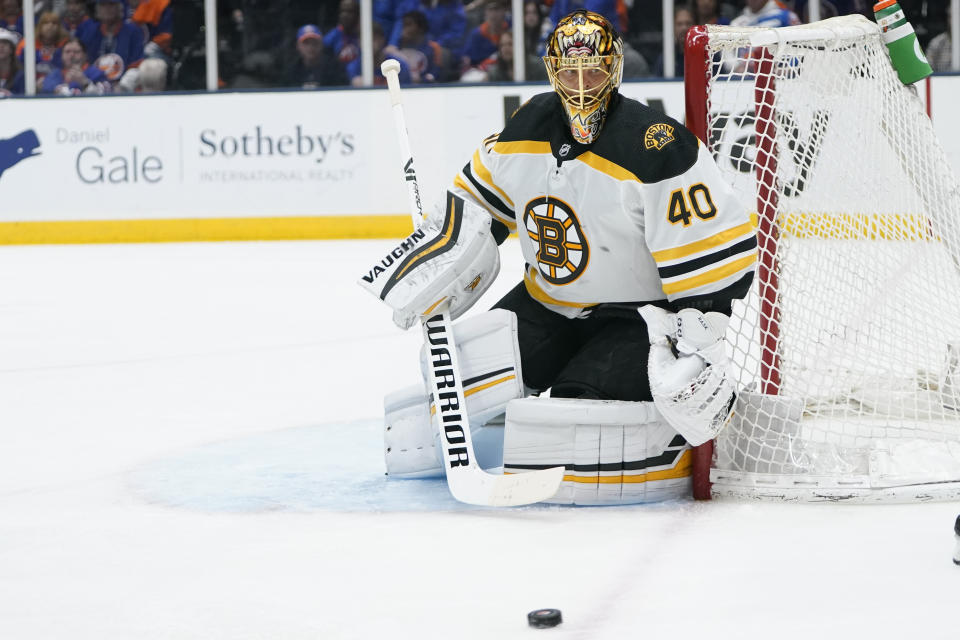 Boston Bruins goaltender Tuukka Rask protects the net during the second period of Game 3 of the team's NHL hockey second-round playoff series against the New York Islanders on Thursday, June 3, 2021, in Uniondale, N.Y. (AP Photo/Frank Franklin II)