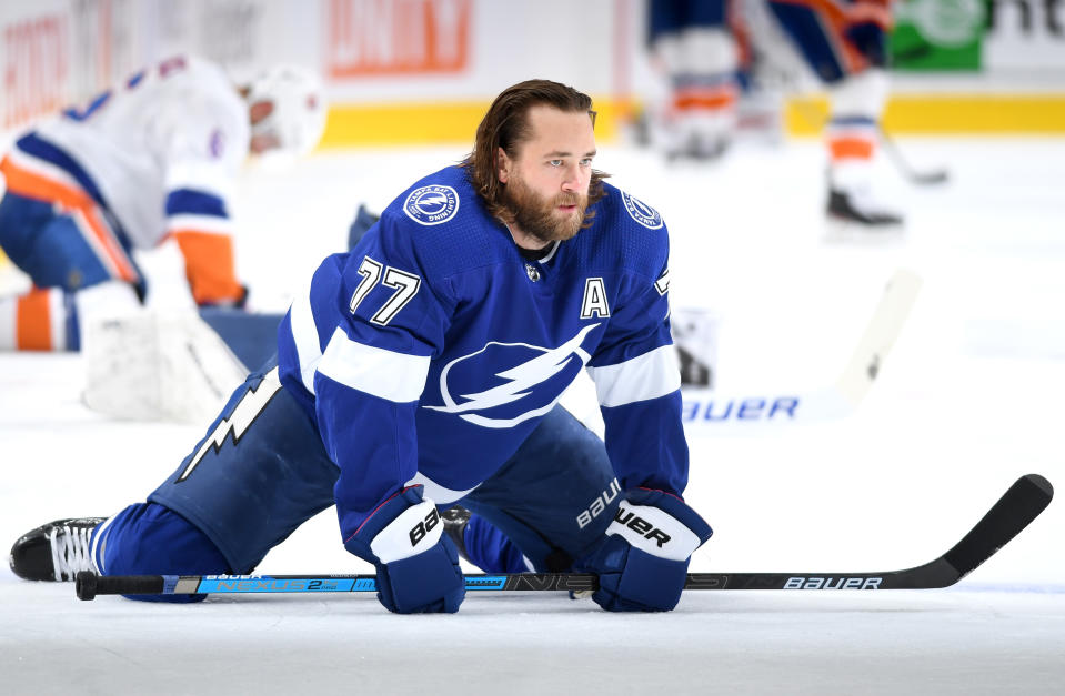 EDMONTON, ALBERTA - SEPTEMBER 09: Victor Hedman #77 of the Tampa Bay Lightning warms up before Game Two of the Eastern Conference Final of the 2020 NHL Stanley Cup Playoffs between the New York Islanders and the Tampa Bay Lightning at Rogers Place on September 09, 2020 in Edmonton, Alberta. (Photo by Andy Devlin/NHLI via Getty Images)