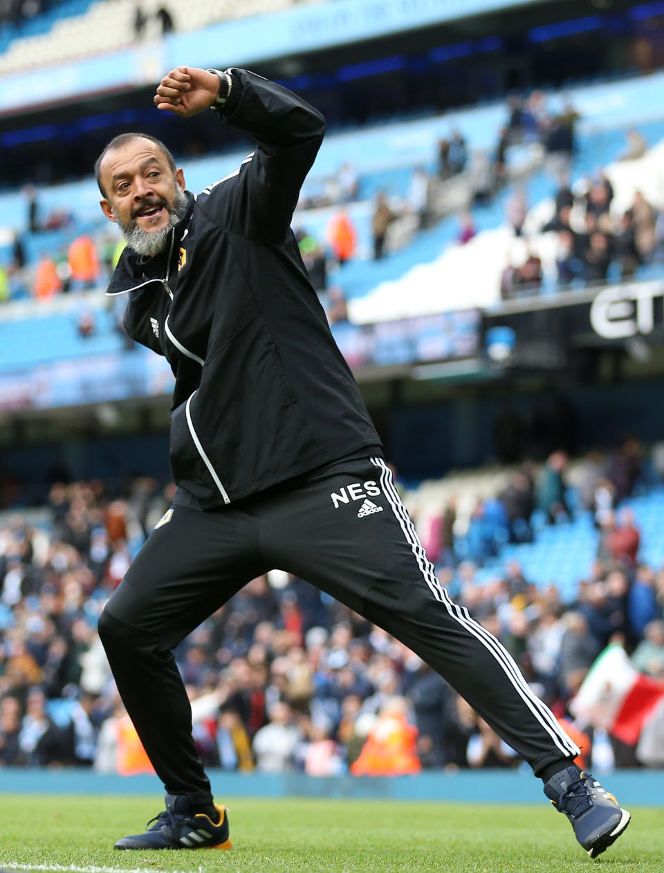 Wolverhampton Wanderers manager Nuno Espirito Santo celebrates after the final whistle Manchester City v Wolverhampton Wanderers - Premier League - Etihad Stadium 06-10-2019 . (Photo by  Nigel French/EMPICS/PA Images via Getty Images)