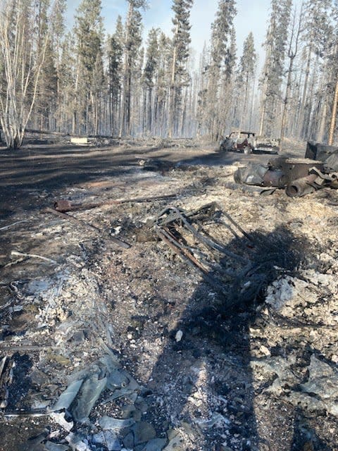 A photo of the remnants of Joey Horesay's cabin. The cabin, located in the Dehcho region of the N.W.T., was destroyed by a wildfire.  (Submitted by Joey Horesay - image credit)