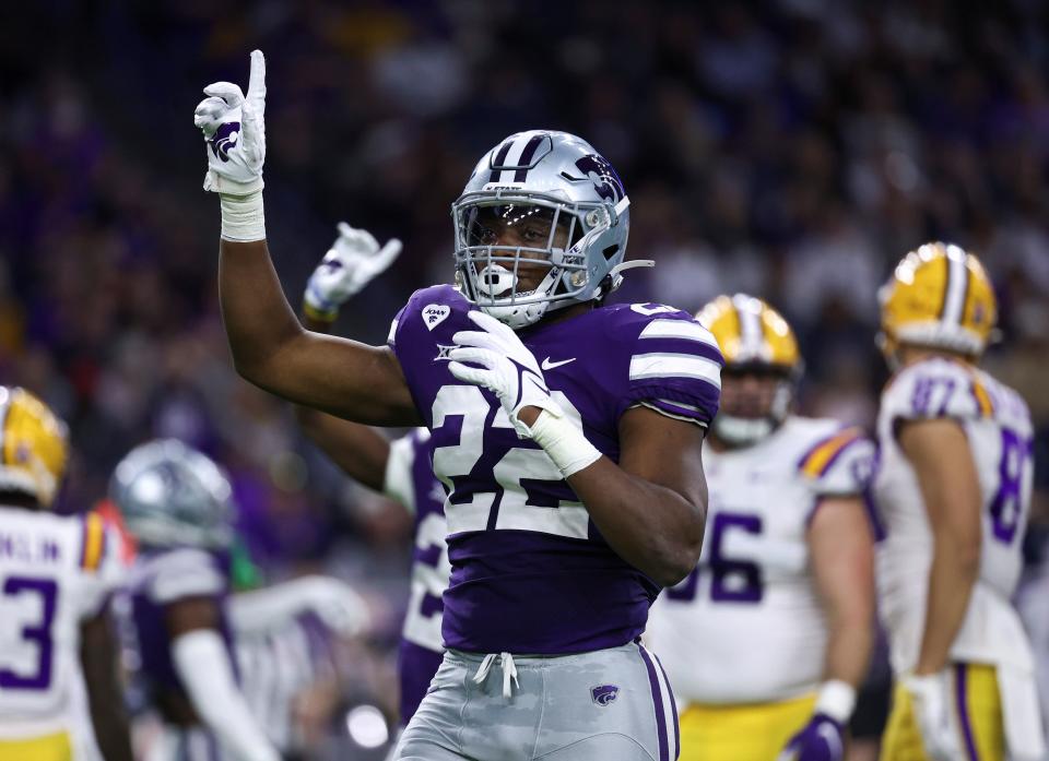 Kansas State linebacker Daniel Green (22) reacts during to a defensive stop against LSU during the Texas Bowl on Jan. 4 in Houston. The Wildcats won the game, 42-20.