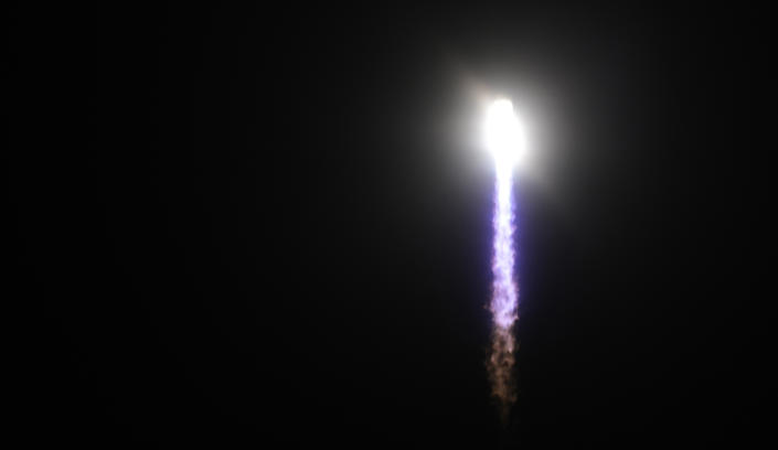 The flame from Northrup Grumman's Antares rocket lights up the sky after it's launch pad at the NASA Wallops Flight Facility Monday, Nov. 7, 2022, in Wallops Island. Va. The rocket is scheduled to deliver a supply capsule to the International Space Station. (AP Photo/Steve Helber)