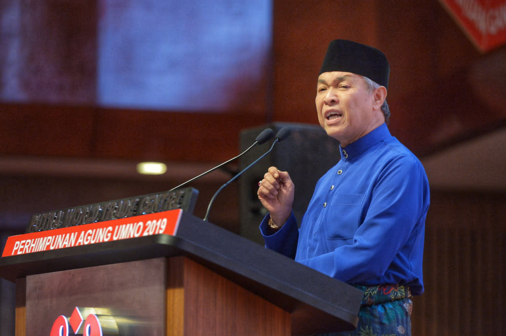 Umno president Datuk Seri Ahmad Zahid Hamidi delivers his speech during the Umno General Assembly 2019 at PWTC in Kuala Lumpur December 7, 2019 — Picture by Shafwan Zaidon