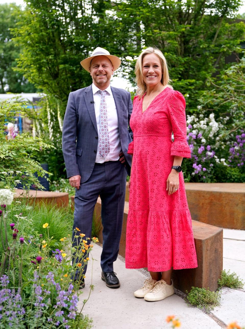 Garden designer Joe Swift with Sophie Raworth at the BBC Studios Our Green Planet & RHS Bee Garden (Yui Mok/PA) (PA Wire)