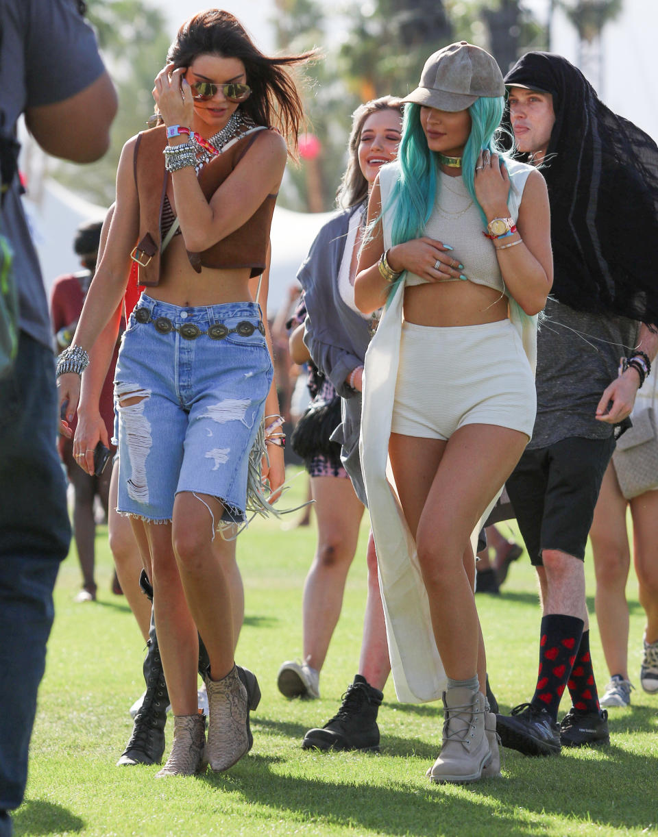 Best Coachella Fashion Looks |  Kendall Jenner and Kylie Jenner are seen at Coachella Valley Music and Arts Festival at The Empire Polo Club on April 10, 2015 in Indio, California