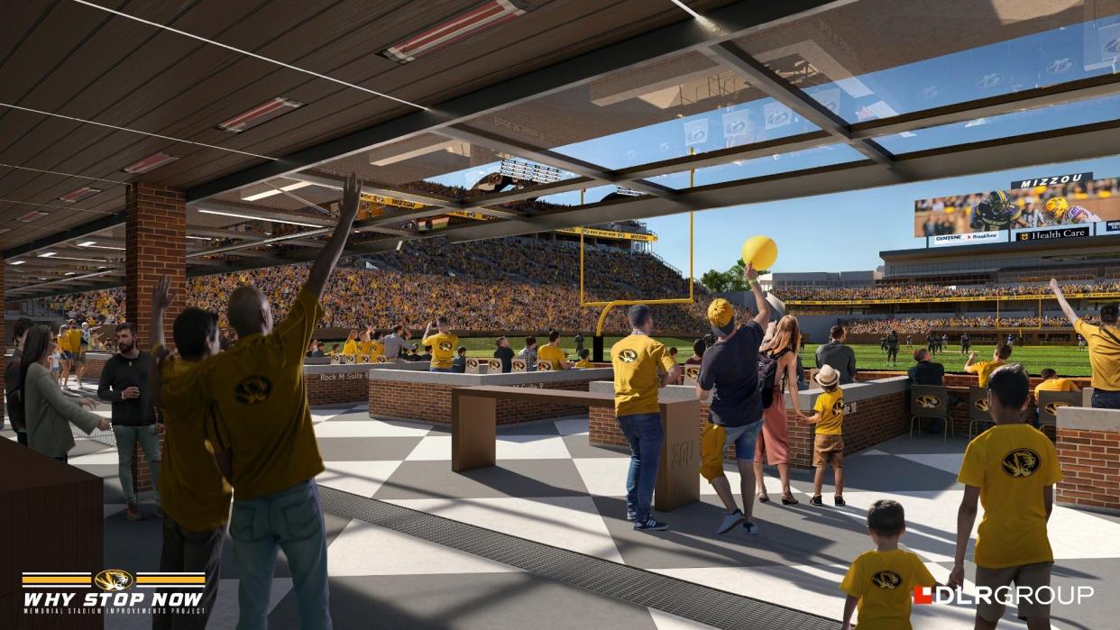 Rendering of a planned renovation to the north concourse at Memorial Stadium, the home of Missouri football, provided by architecture firm DLR Group and Missouri athletics. The resolution for the estimated $250 million project was approved Thursday in Rolla, Missouri.