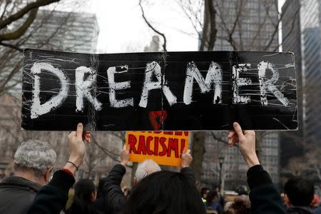 FILE PHOTO - Activists and DACA recipients march up Broadway during the start of their 'Walk to Stay Home,' a five-day 250-mile walk from New York to Washington D.C., to demand that Congress pass a Clean Dream Act, in Manhattan, New York, U.S., February 15, 2018. REUTERS/Shannon Stapleton