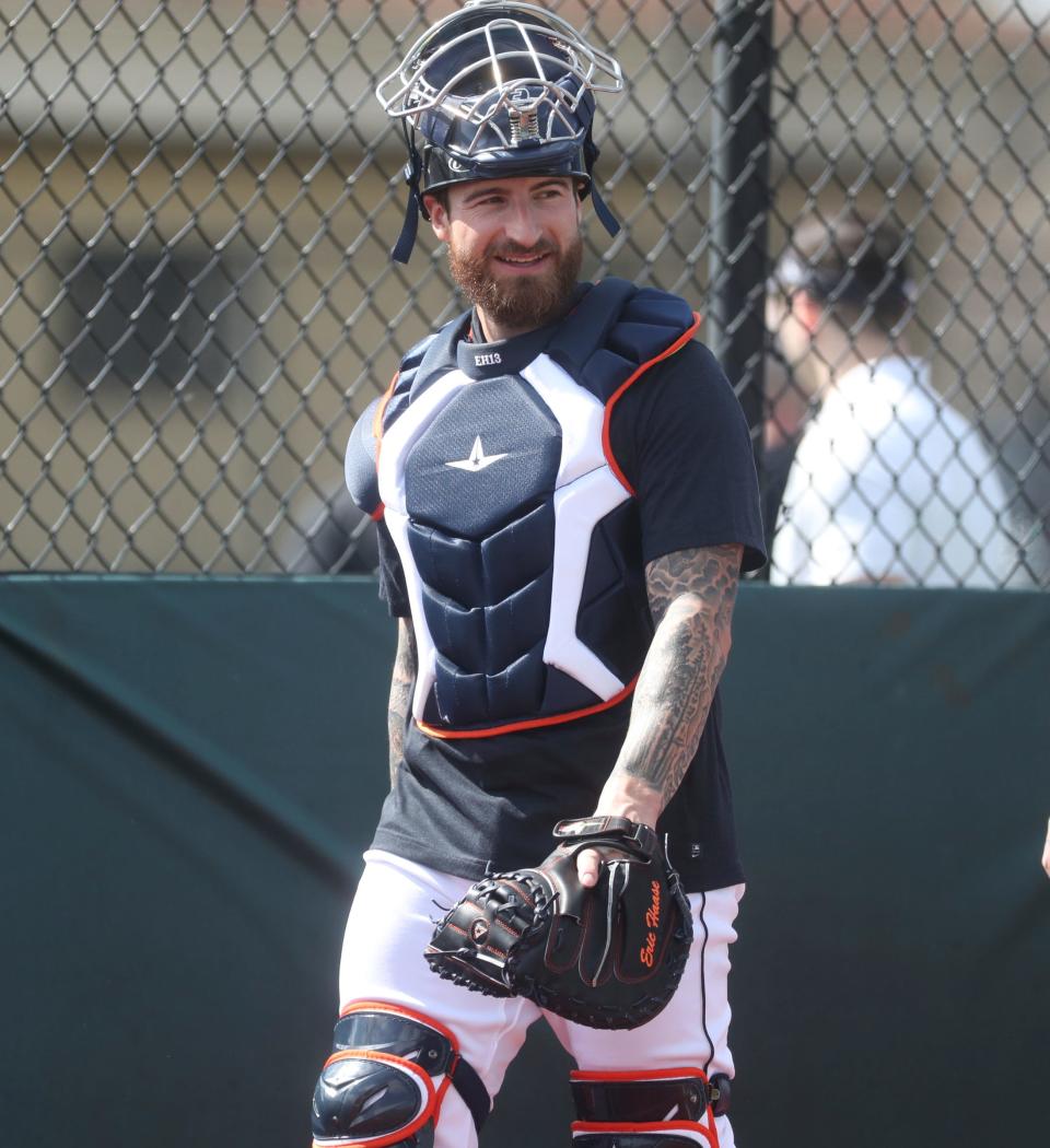 Detroit Tigers pitchers and catchers went through drills and a bullpen session during spring training Wednesday, Feb. 15, 2023. Catcher Eric Haase watches the action during the bullpen session.