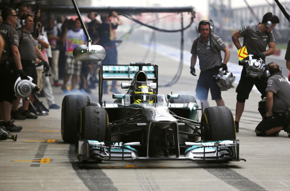 Mercedes Formula One driver Nico Rosberg of Germany attends the second practice session of the Indian F1 Grand Prix at the Buddh International Circuit in Greater Noida, on the outskirts of New Delhi, October 25, 2013. REUTERS/Ahmad Masood (INDIA - Tags: SPORT MOTORSPORT F1)