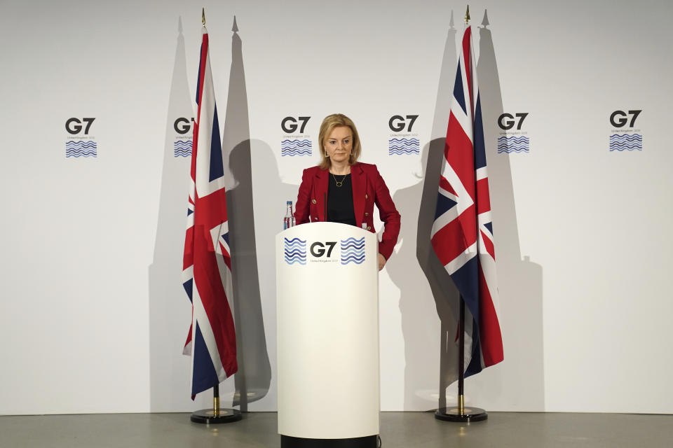 Britain's Foreign Secretary Liz Truss speaks at a press conference at the G7 Foreign Ministers meeting in Liverpool, England Sunday, Dec. 12, 2021. Foreign Secretary Liz Truss is hosting U.S. Secretary of State Antony Blinken and other Group of Seven counterparts for weekend talks in the northwest England port city of Liverpool as the wealthy nations club faces growing tensions with Russia, China and Iran. (AP Photo/Jon Super)