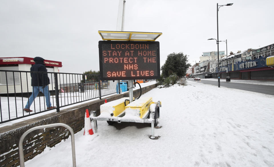 Snow covers the seafront at Southend-on-Sea in Essex, after the Met Office issued a severe amber snow warnings for London and south-east England, where heavy snow is likely to cause long delays on roads and with rail and air travel. Picture date: Monday February 8, 2021. (Photo by Yui Mok/PA Images via Getty Images)