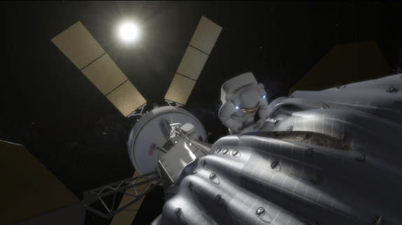 This concept image shows an astronaut preparing to take samples from the captured asteroid after it has been relocated to a stable orbit in the Earth-moon system. Hundreds of rings are affixed to the asteroid capture bag, helping the astronaut