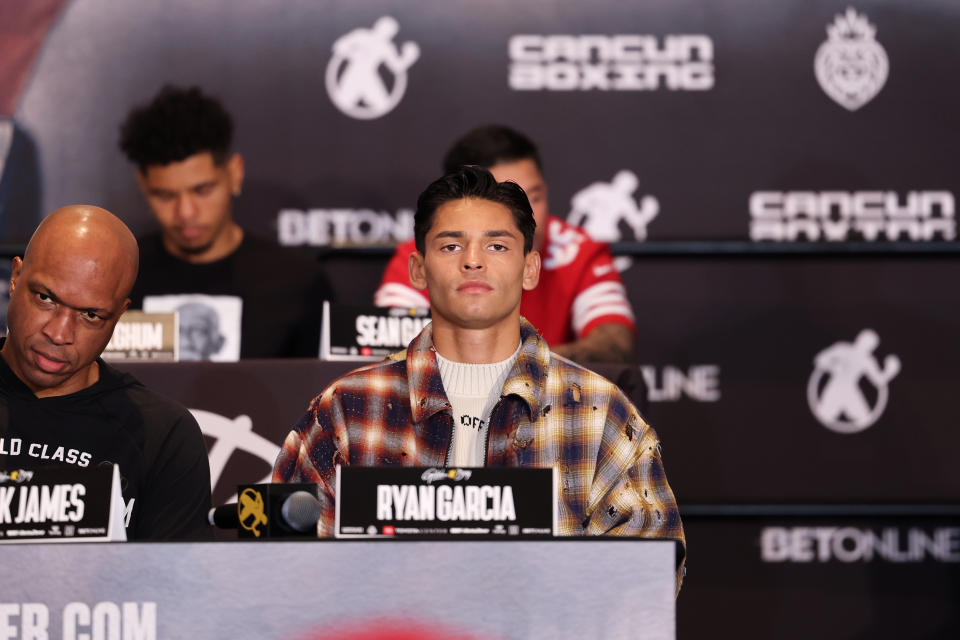 HOUSTON, TEXAS - NOVEMBER 30: Ryan Garcia looks on during a press conference on November 30, 2023 at Toyota Center in Houston, Texas. (Photo by Cris Esqueda/Golden Boy/Getty Images)