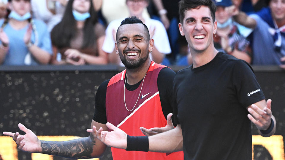 Nick Kyrgios and Thanasi Kokkinakis ar through to the men's doubles semi-finals at the Australian Open. (Photo by Quinn Rooney/Getty Images)