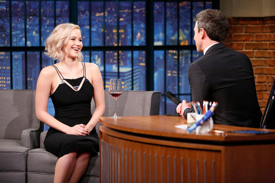 Jennifer Lawrence during an interview with host Seth Meyers