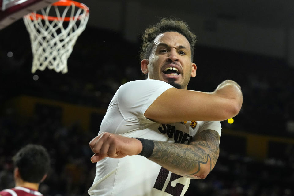 Arizona State guard Jose Perez celebrates a made basket against Stanford during the second half of an NCAA college basketball game Thursday, Feb. 1, 2024, in Tempe, Ariz. Stanford won 71-62. (AP Photo/Ross D. Franklin)