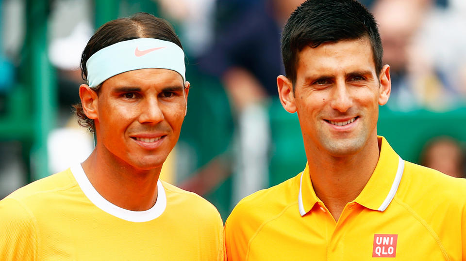 Rafa Nadal and Novak Djokovic pose for a photo at Monte Carlo.