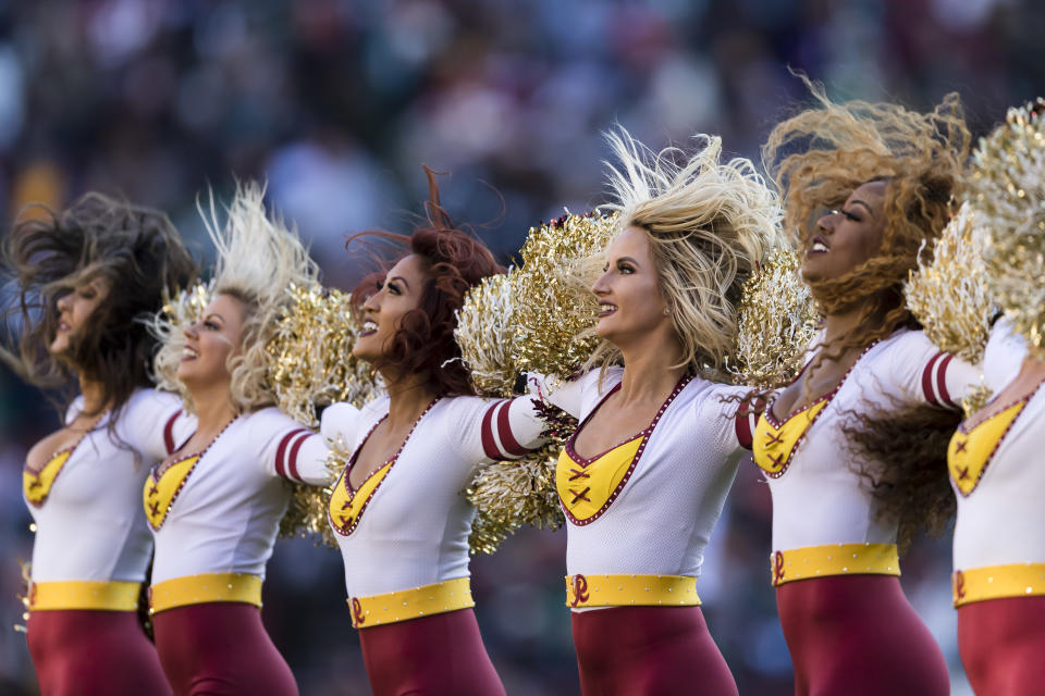 LANDOVER, MD - DECEMBER 15: Washington Redskins cheerleaders perform during the first half of the game against the Philadelphia Eagles at FedExField on December 15, 2019 in Landover, Maryland. (Photo by Scott Taetsch/Getty Images)