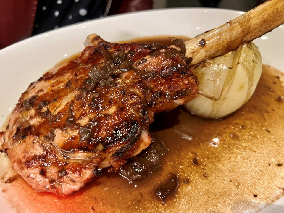 16-ounce-grilled veal chop with a wild mushroom chianti sauce at Luogo restaurant in Nashville on Dec. 13, 2022