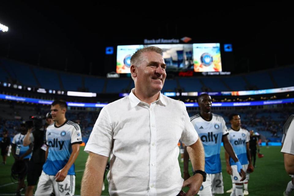 Charlotte FC head coach Dean Smith smiles after the match against the Philadelphia Union at Bank of America Stadium on May 25, 2024.