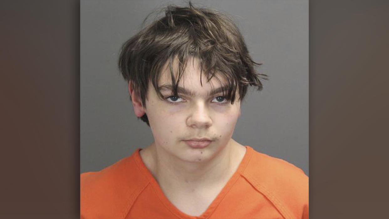 This booking photo released by the Oakland County, Mich., Sheriff's Office shows Ethan Crumbley, 15, who was charged as an adult with murder and terrorism.