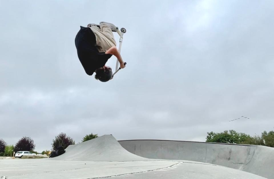 13-year-old Kage Schafers completing a trick at his home skatepark in Airdrie.