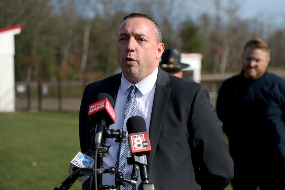 Maine Public Safety Commissioner Michael Sauschuck speaks during a press conference on Tuesday, Nov. 15, 2022 in Sanford after a series of hoax school shooting reports in Maine started in Sanford.