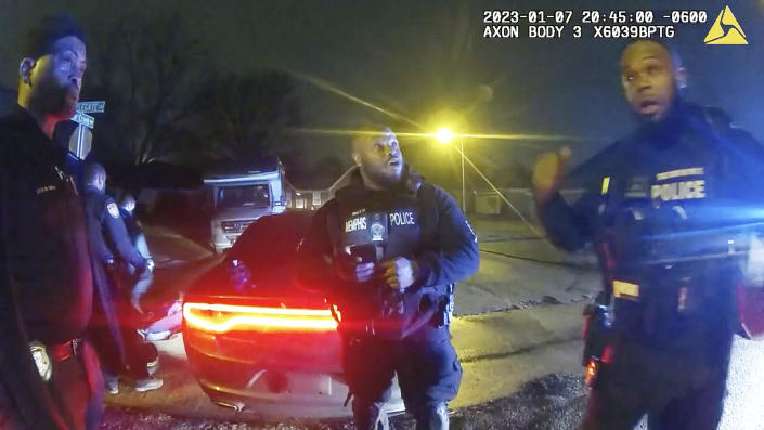 Police officers talk after the attack on Tyre Nichols during an arrest in Memphis, Tenn. (City of Memphis via AP)